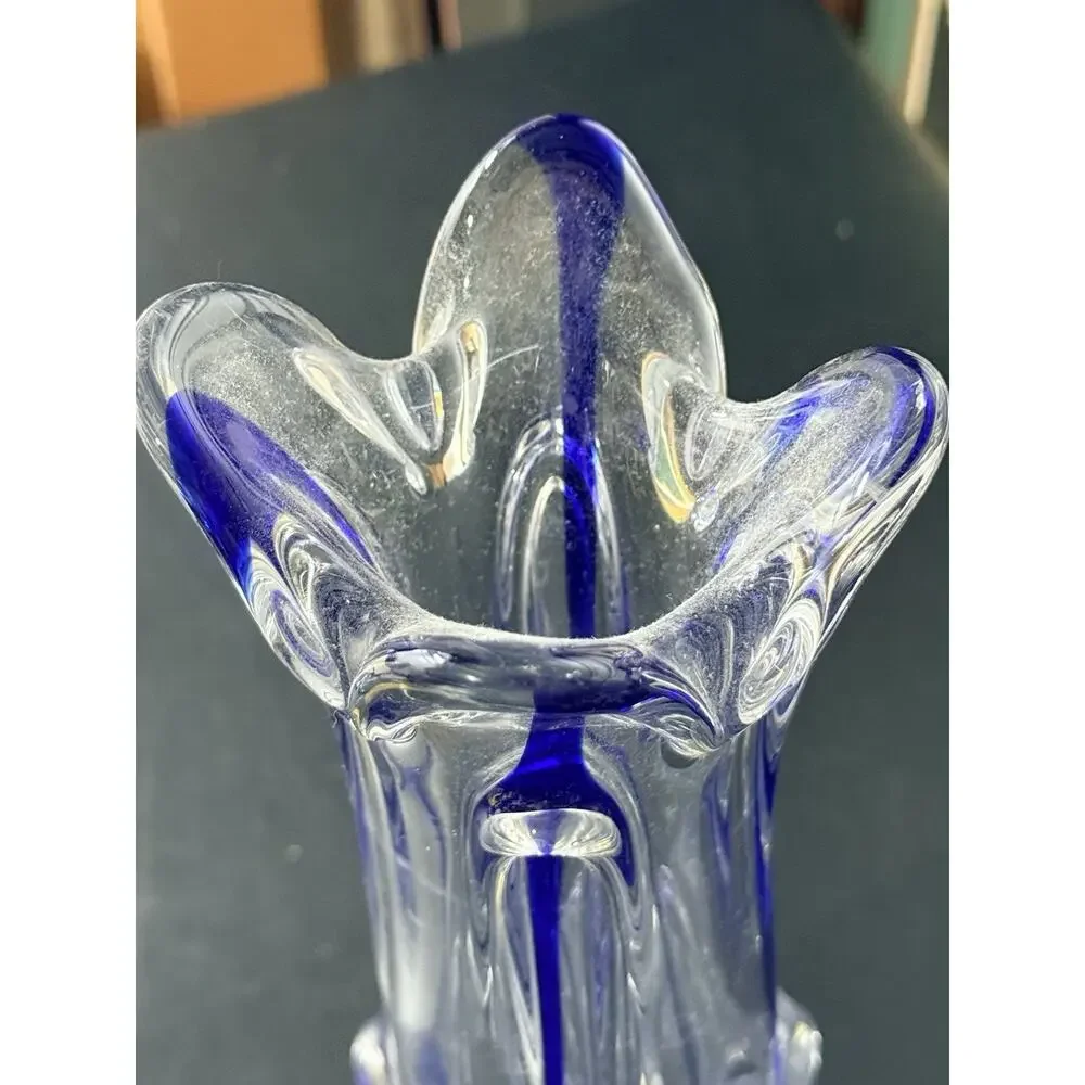 Heavy Art Glass Vase with Cobalt Blue Stripe – 10” Tall
